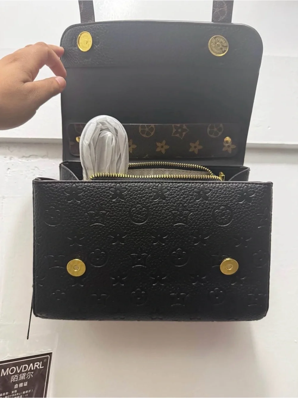 Black Embossed Top-Handle Shoulder Bag
